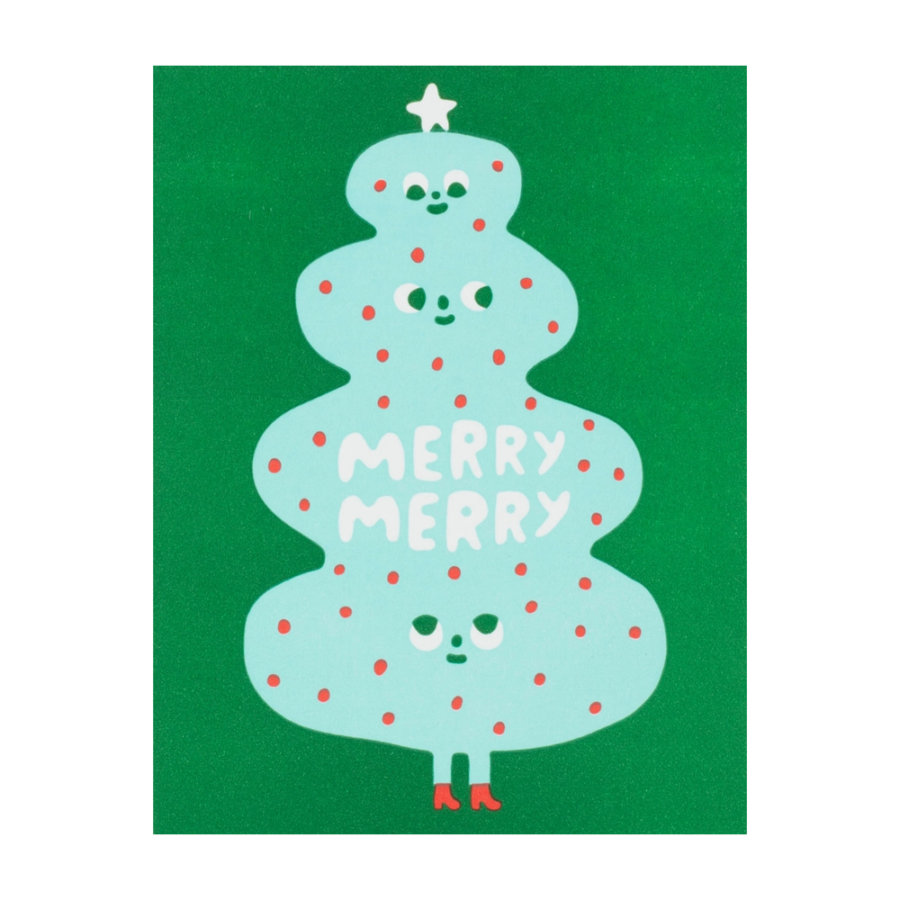 Curvy light blue Christmas tree wearing boots with 3 sets of playful eyes looking out
