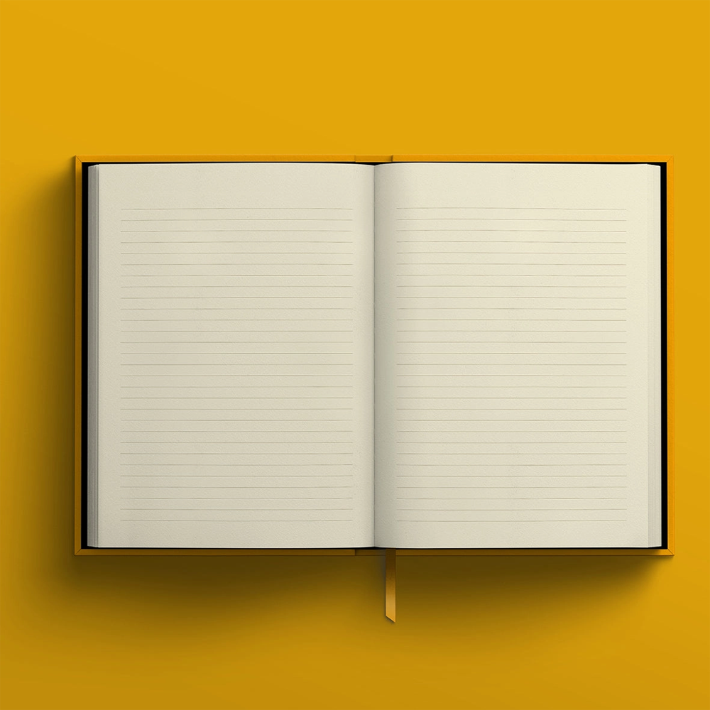 Lined notebook open to an example page against yellow background.