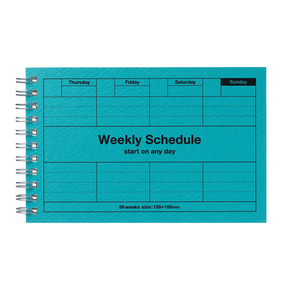turquoise cover with black printing that is the right page weekly layout with a title in the middle: Weekly Schedule, start on any day.